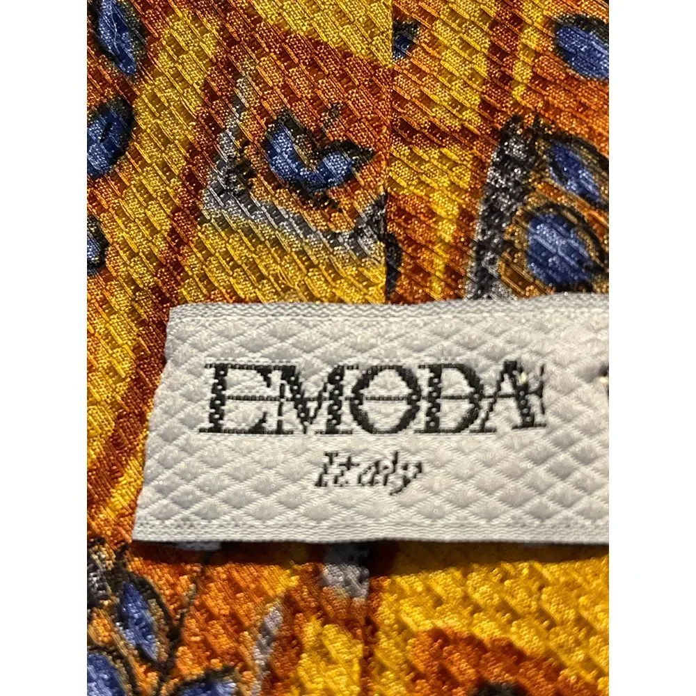 Emoda Luxury Silk Tie Yellow Blue Leaf Pattern Designer‎ Necktie Z-32